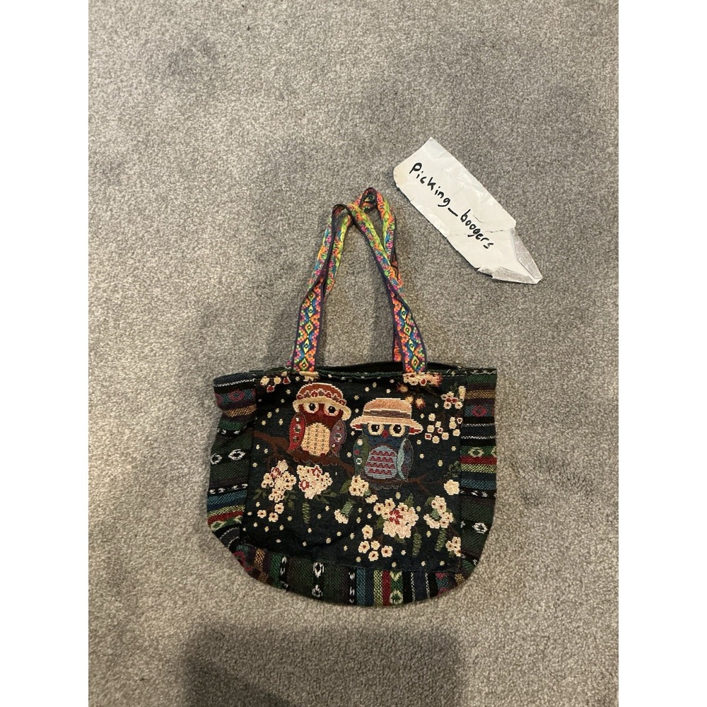 Boho Owl Floral Tapestry Zipper Tote Bag Handbag Multi-Color Folk Art